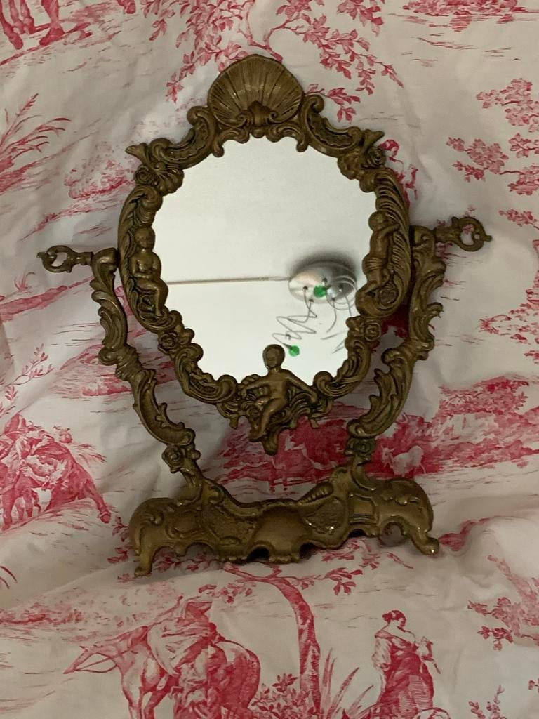Art Nouveau staande spiegel make-up/ scheren met cherubijnt, Antiek en Kunst, Antiek | Spiegels, Ophalen, Minder dan 50 cm