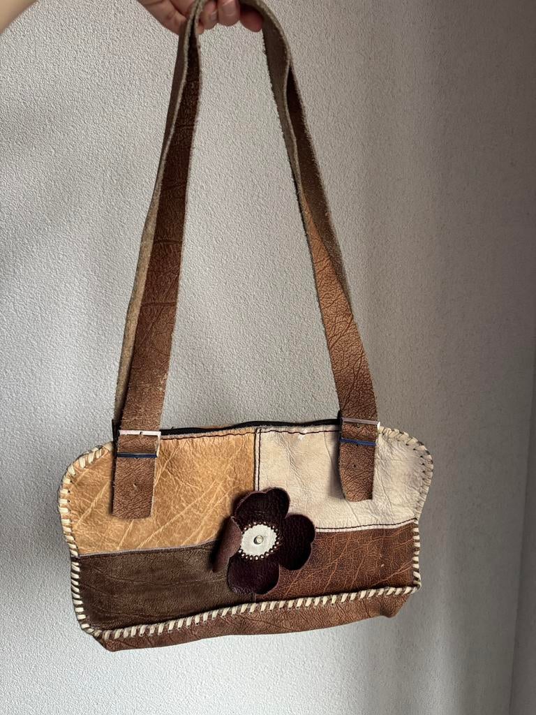 Vintage Y2K bruine leren patchwork print schouder tas, Sieraden, Tassen en Uiterlijk, Tassen | Damestassen, Vintage, Bruin, Schoudertasje