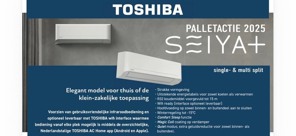 Toshiba Seiya split unit airco voor in huis Wifi R32, Witgoed en Apparatuur, Airco's, Ophalen, Timer, Nieuw, 3 snelheden of meer