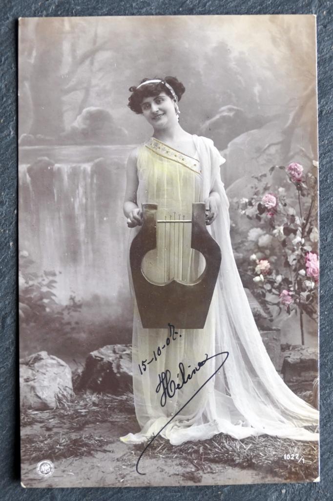 Dame met snaarinstrument a la harp/citer, 1907, Verzenden, Voor 1920, Gelopen, Muziek