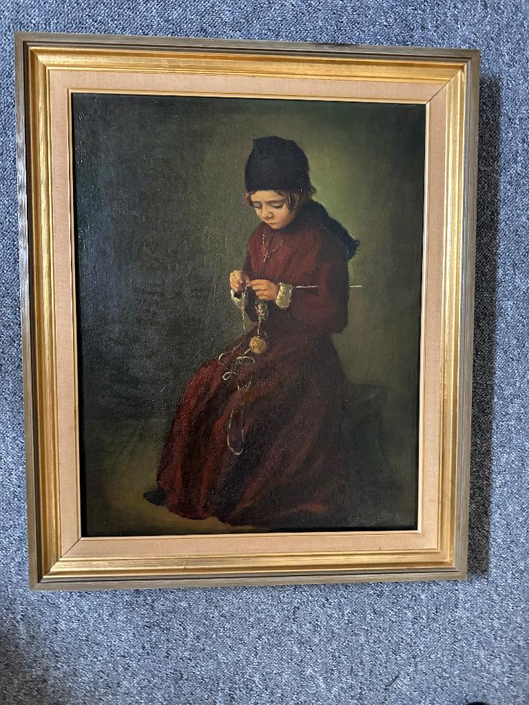 schilderij jong meisje dat zittend handwerkt, Ophalen