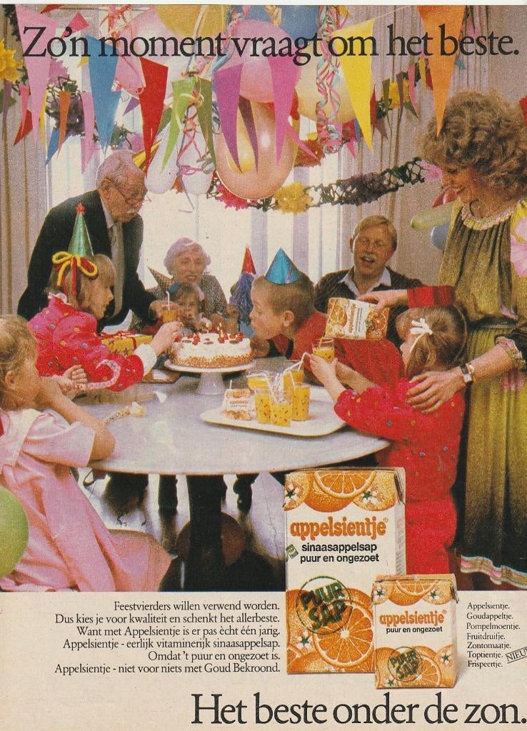 Retro reclame 1982 Riedel Appelsientje op kinderfeestje, Verzamelen, Retro, Verzenden, Overige typen