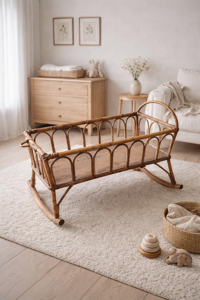 Prachtig vintage rotan poppenwieg, Kinderen en Baby's, Speelgoed | Poppen, Gebruikt, Overige typen, Ophalen of Verzenden