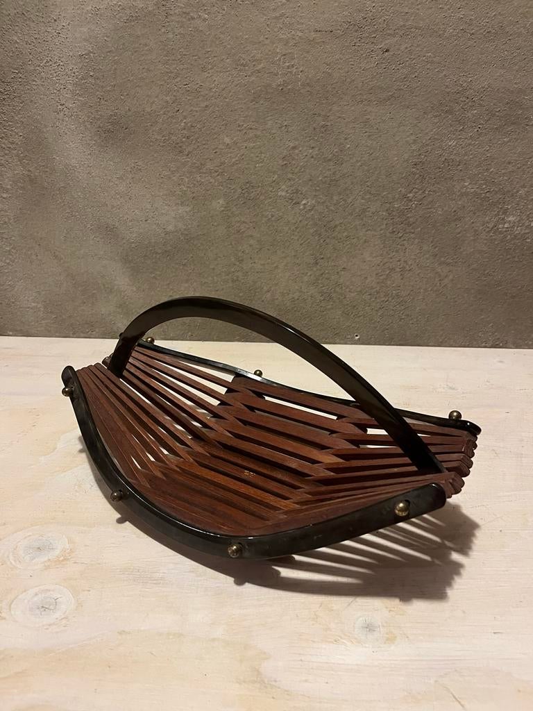Vintage Houten fruitmand met handvat 50s, Ophalen, Gebruikt, Mand, Ovaal