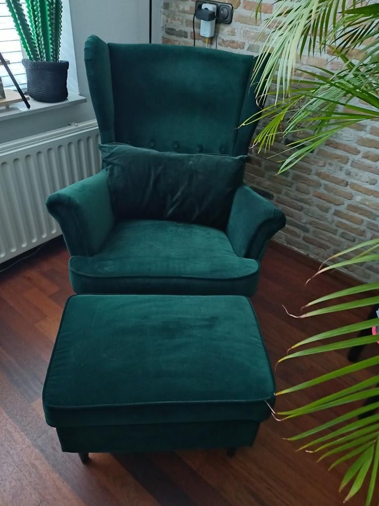 Groene fauteuil met voetenbankje, Ophalen, Zo goed als nieuw, Minder dan 75 cm, 50 tot 75 cm