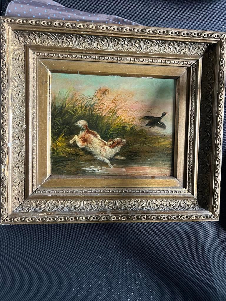 Twee Antieke Schilderijtjes: Hond en Koeien, Ophalen of Verzenden