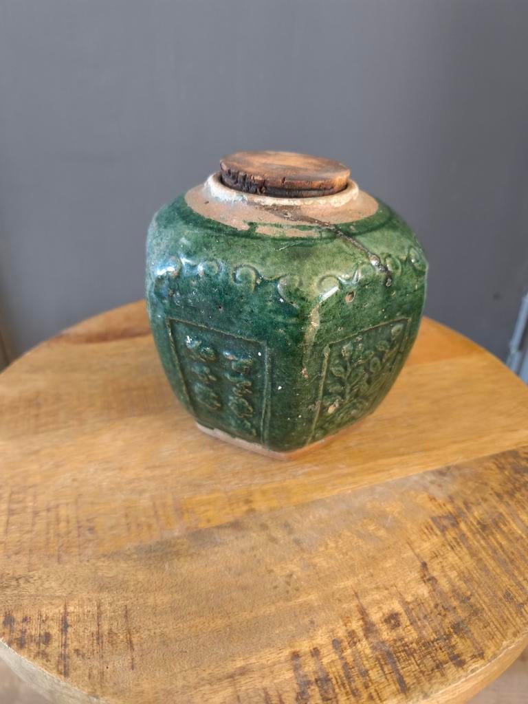 Antieke Groene Gemberpot met Kurken Deksel - 16,5 cm, Antiek en Kunst, Ophalen of Verzenden