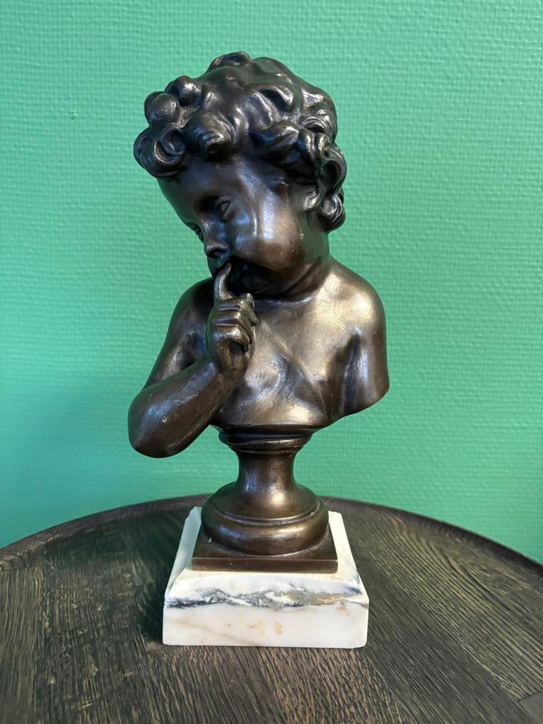 Antieke bronzen buste Engel op marmer, Ophalen of Verzenden