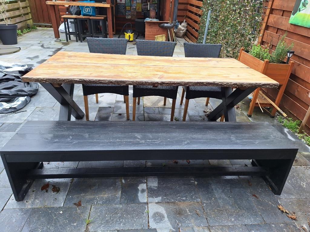 Douglas tuintafelset met bankje en 3 wicker stoelen., Tuin en Terras, Tuintafels, Ophalen, Gebruikt, Rechthoekig, Hout