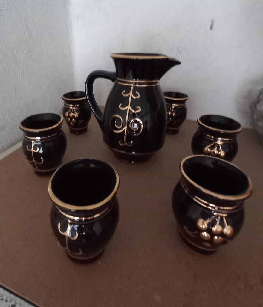 Vintage Wijn Karaf Set Bulgarije - Zwart met Goud, Ophalen of Verzenden