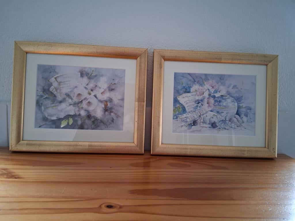 2  x schilderij tekening van Jan Kooistra met goudkl.lijst, Ophalen of Verzenden