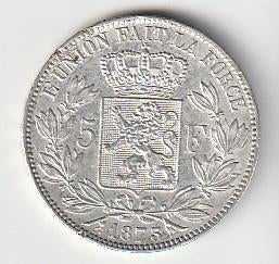 5  francs  1873  België. km. 24, Postzegels en Munten, Munten | Europa | Niet-Euromunten, Ophalen of Verzenden, België, Losse munt