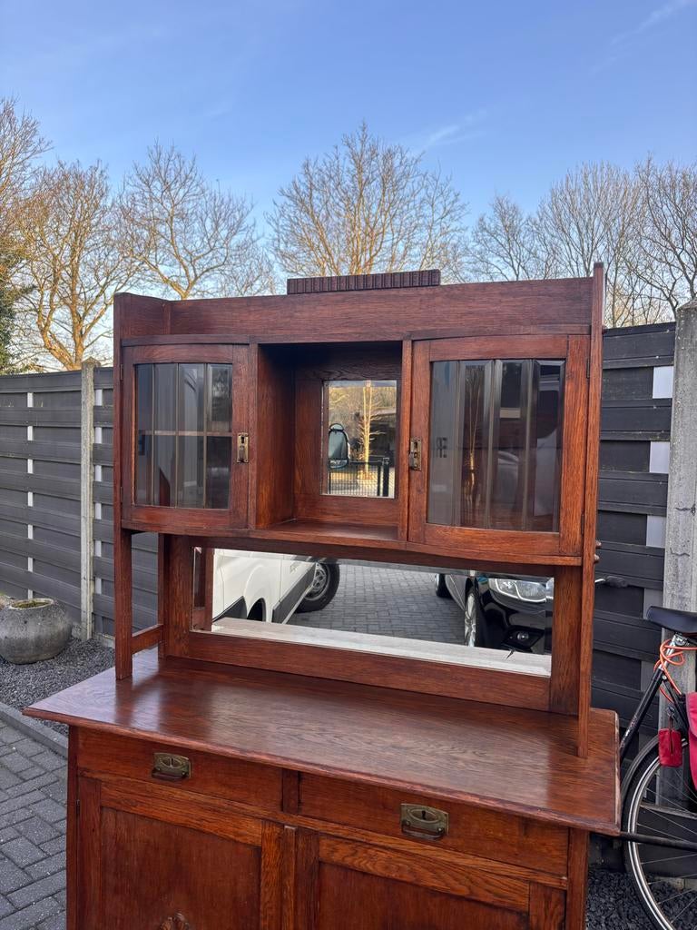 Antiek Eiken Dressoir met Vitrinekast en Spiegel, Antiek en Kunst, Antiek | Meubels | Kasten, Ophalen of Verzenden