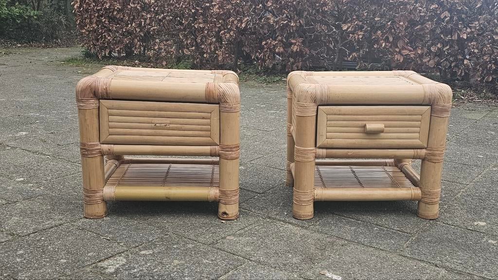 Vintage bamboe nachtkastjes set van 2 voor €40,-, Ophalen, Gebruikt, Minder dan 45 cm, Minder dan 55 cm