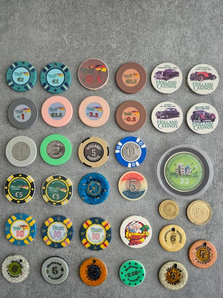 Holland Casino Chip Verzameling - Diverse Jaren en Waardes, Ophalen of Verzenden, Gebruikt
