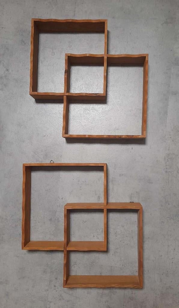 3 Houten dubbele vierkante wanddecoratie met geschulpte rand, Ophalen of Verzenden, Gebruikt