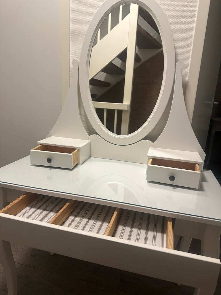 HEMNES Toilettafel met spiegel, wit, 100x50 cm, 100 tot 150 cm, Zo goed als nieuw, Hout, 50 tot 100 cm