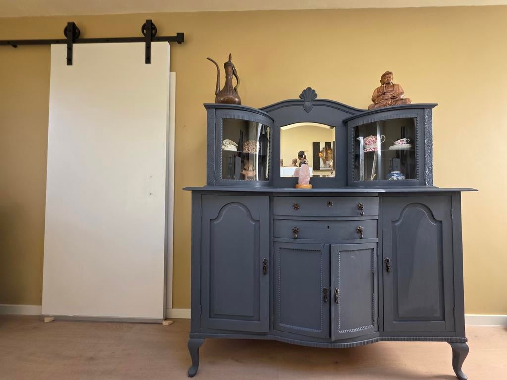 Antieke dressoir/vitrinekast - Grijs, Ophalen of Verzenden