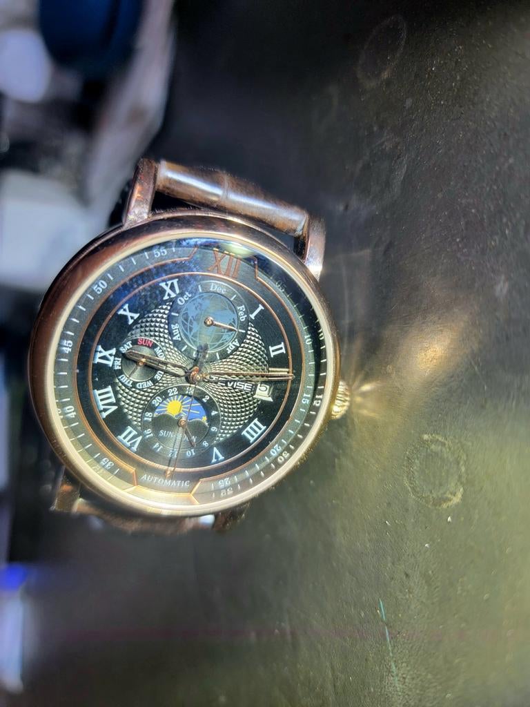 Mooie, ongebruikt, automatic Tevise horloge met zon- en maan, Overige merken, Leer, Polshorloge, Nieuw