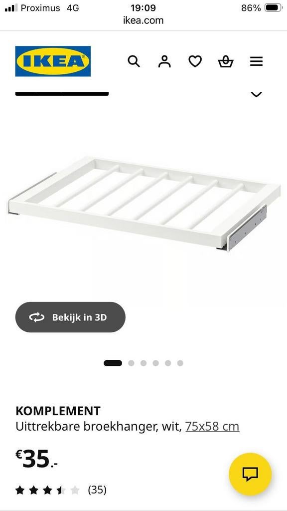 IKEA KOMPLEMENT Uittrekbare Broekhanger, Ophalen, Met plank(en), Nieuw, 50 tot 100 cm