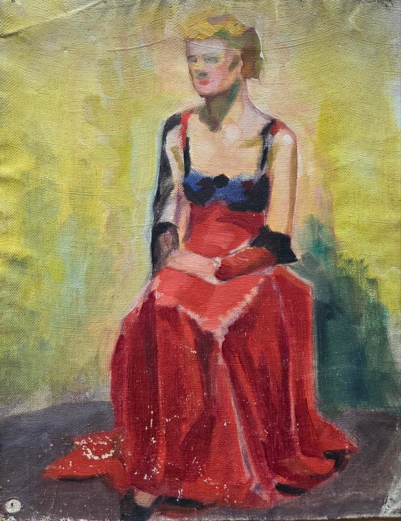 Marits Rietdijk. Olieverf op los doek. Zittende dame., Ophalen of Verzenden