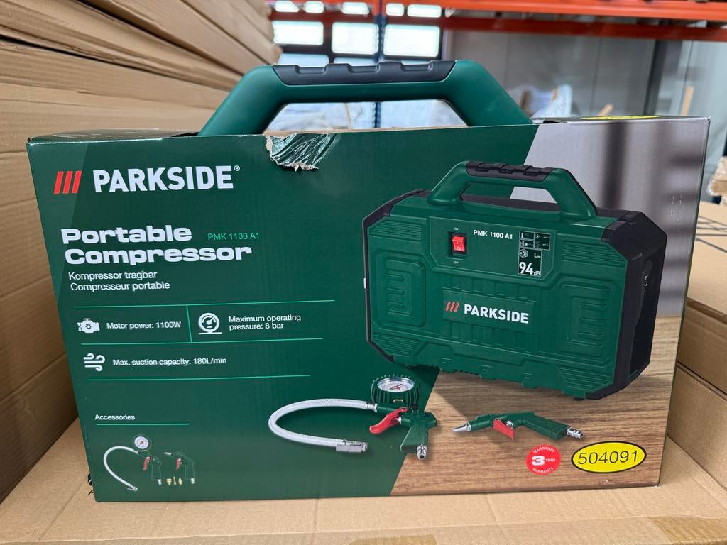 Parkside Draagbare Compressor 1100W, 8 bar, 180L/min, 6 tot 10 bar, Nieuw, Ophalen of Verzenden, Minder dan 200 liter/min