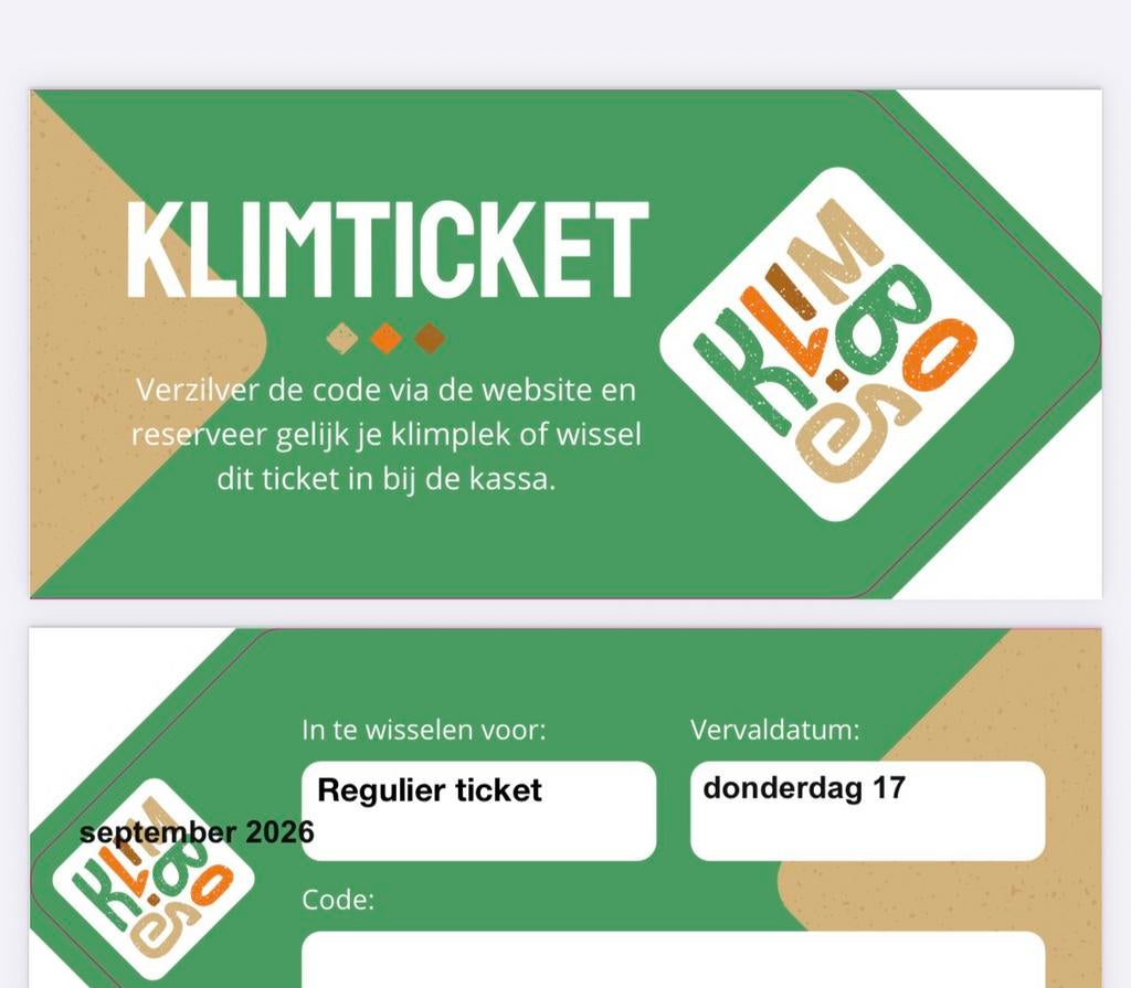 Ticket (regulier) klimbos, Tickets en Kaartjes, Eén persoon, Overige soorten, Overige typen