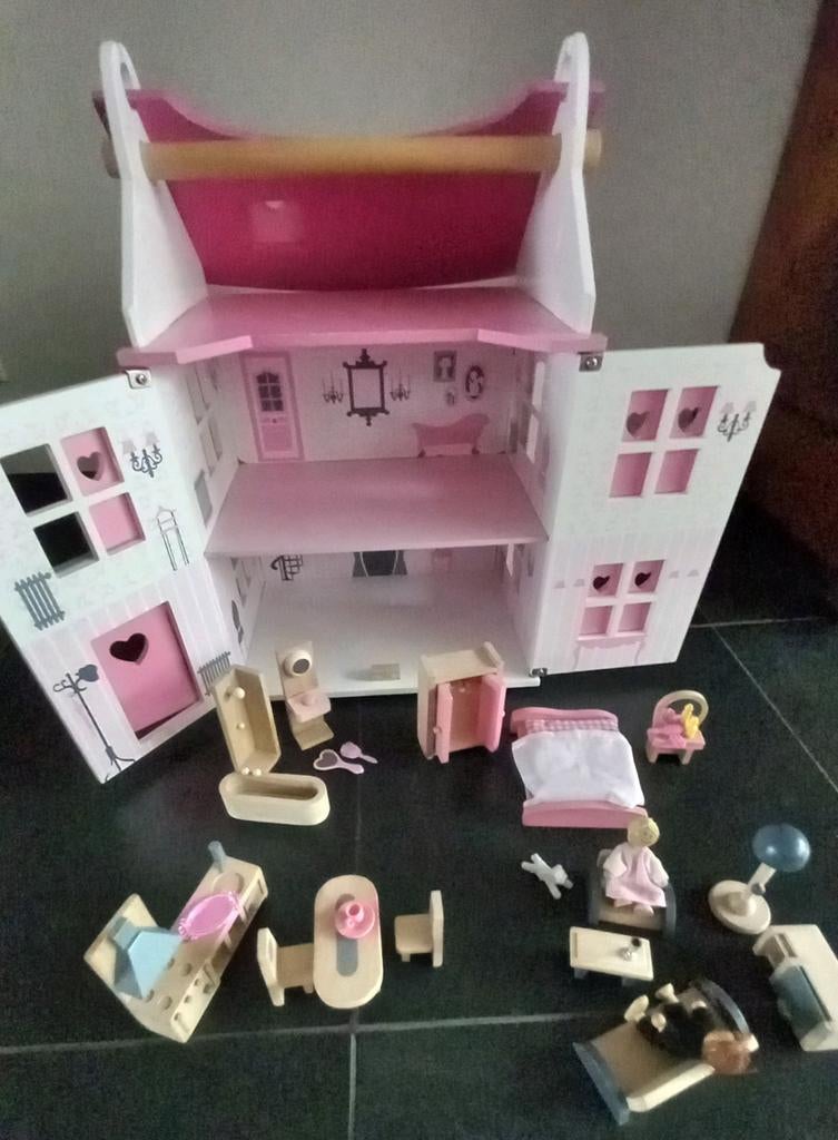 Superleuk poppenhuis met meubeltjes, Kinderen en Baby's, Speelgoed | Poppenhuizen, Ophalen, Zo goed als nieuw, Poppenhuis