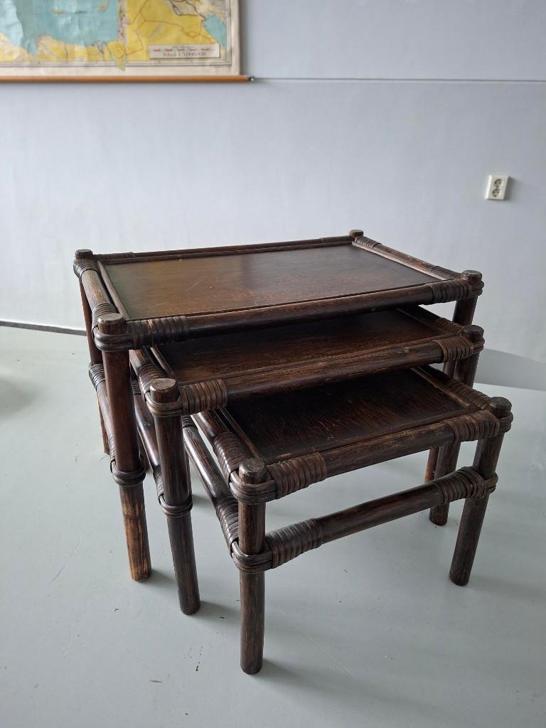 vintage set bijzettafels mimiset bamboe/manou jaren70 design, Huis en Inrichting, Tafels | Bijzettafels, Gebruikt, Rechthoekig