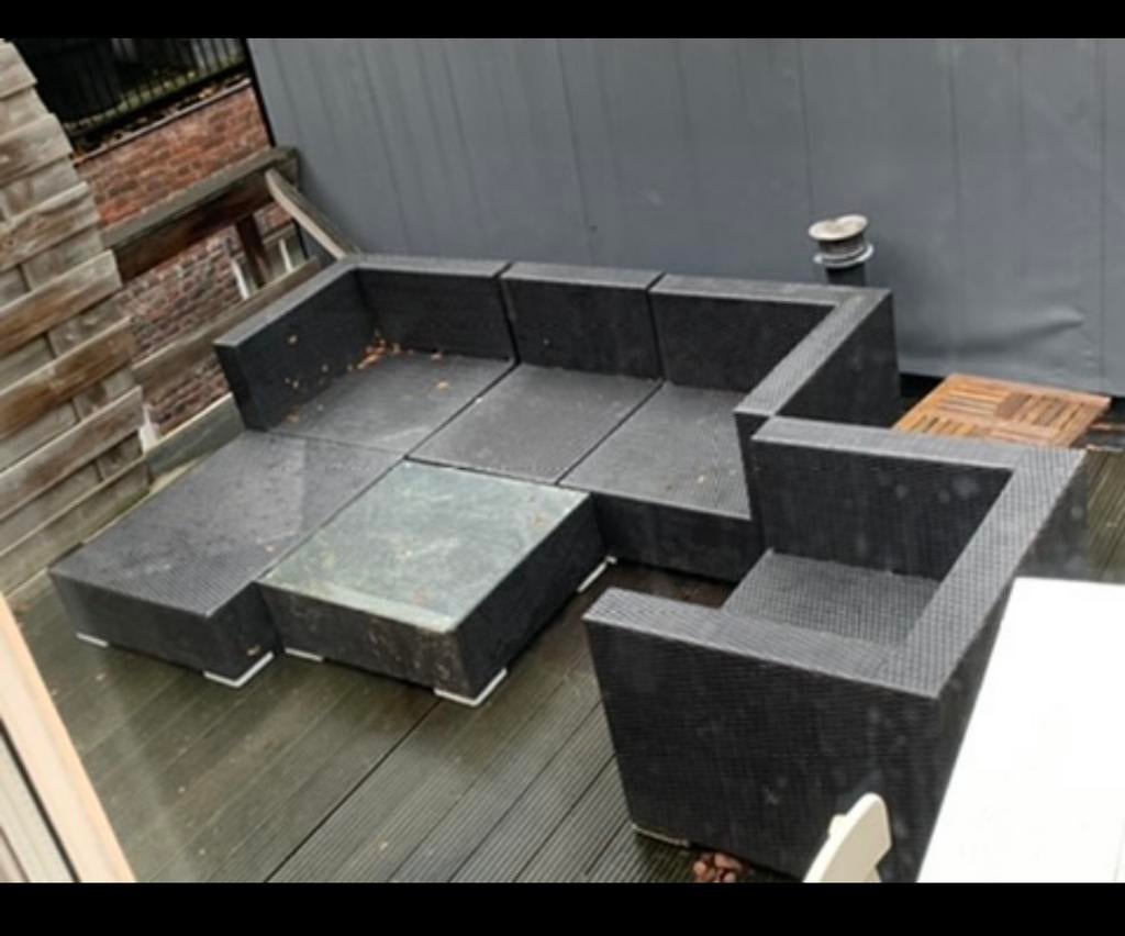 Loungeset te koop met stoel, hocker en tafel met glasplaat, Ophalen, 4 zitplaatsen, Bank, Zo goed als nieuw