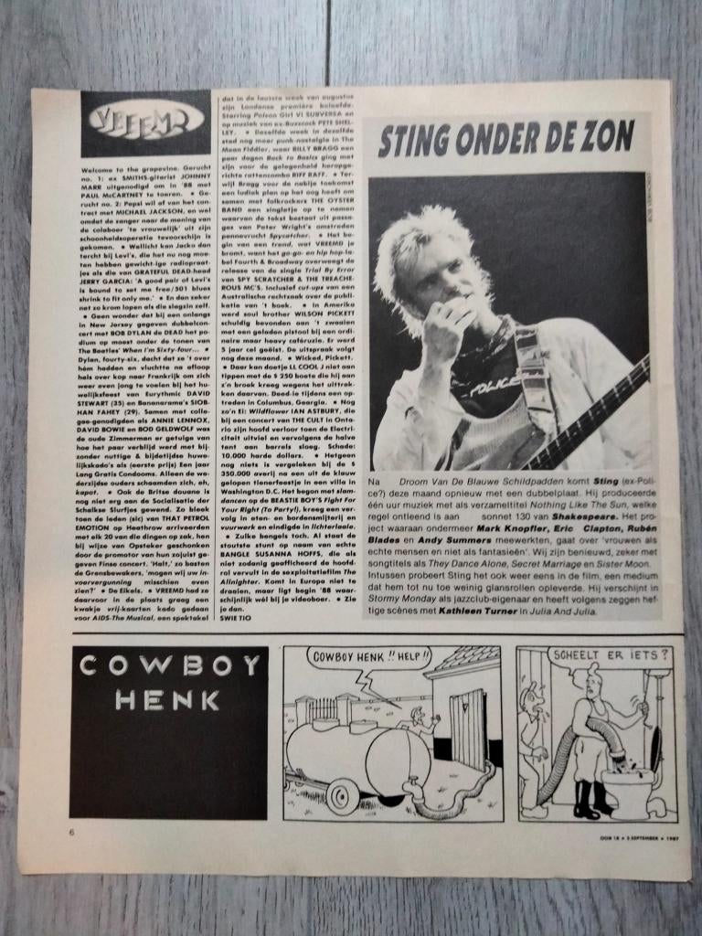 Sting artikel OOR tijdschrift 5 september 1987 - 1pag, Verzenden, Zo goed als nieuw, Boek, Tijdschrift of Artikel