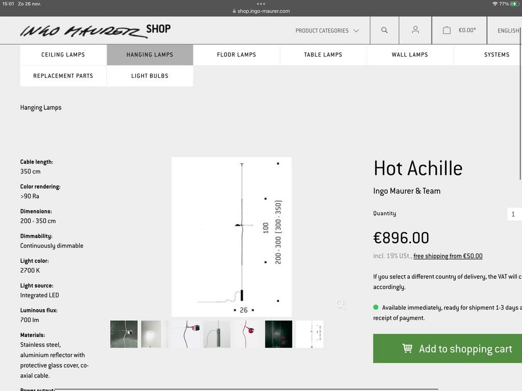 Ingo Maurer Hot Achille Design halogeen dimbaar, Huis en Inrichting, Lampen | Hanglampen, Gebruikt, Modern Design, Ophalen of Verzenden