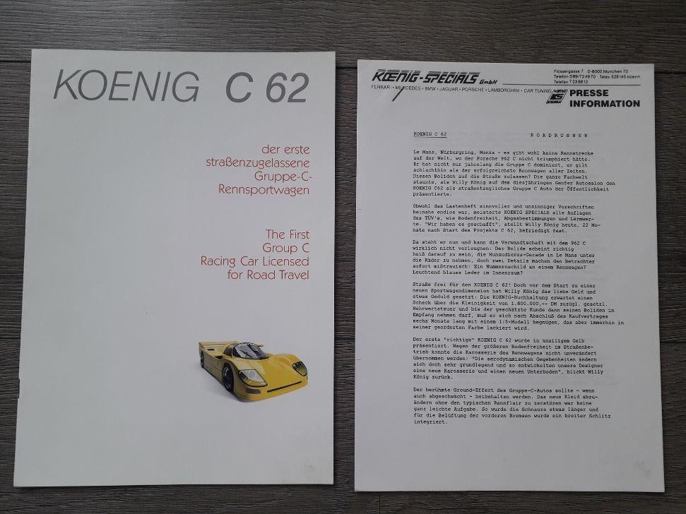 Koenig C 62 Porsche gruppe C persbericht + folder 1991, Ophalen, Zo goed als nieuw, Overige merken