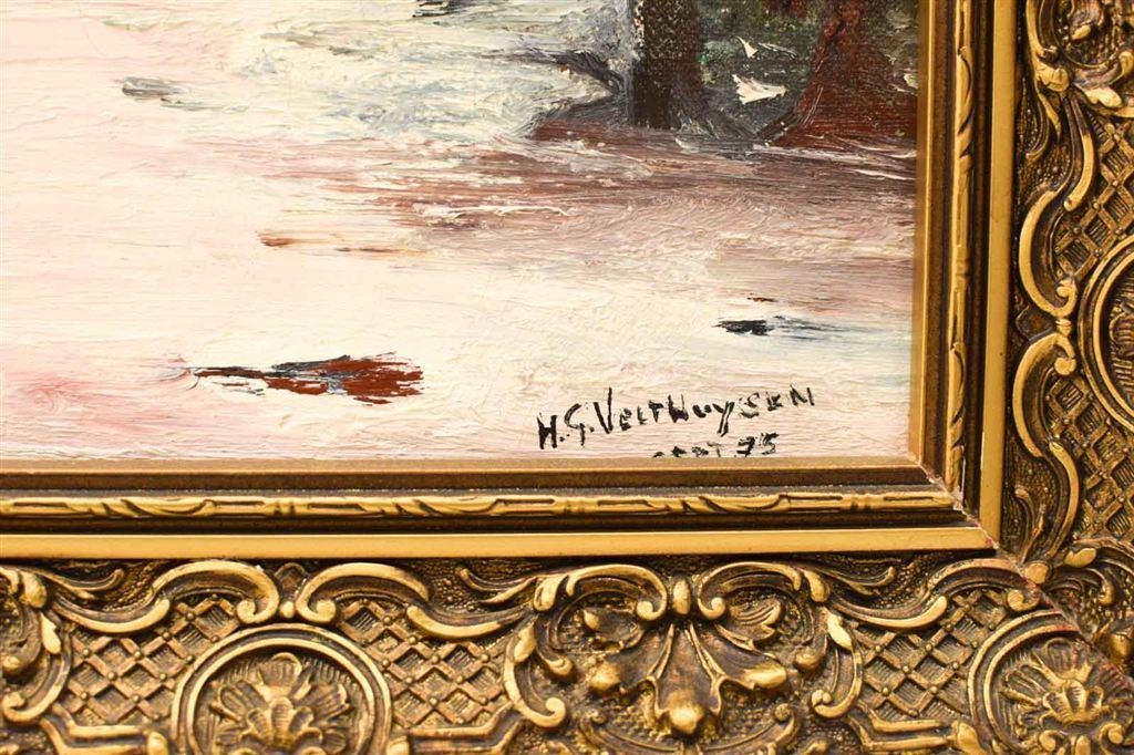 Schilderij van een boerderij en een hooiberg in de winter 49, Minder dan 50 cm, Gebruikt, Ophalen of Verzenden, Schilderij