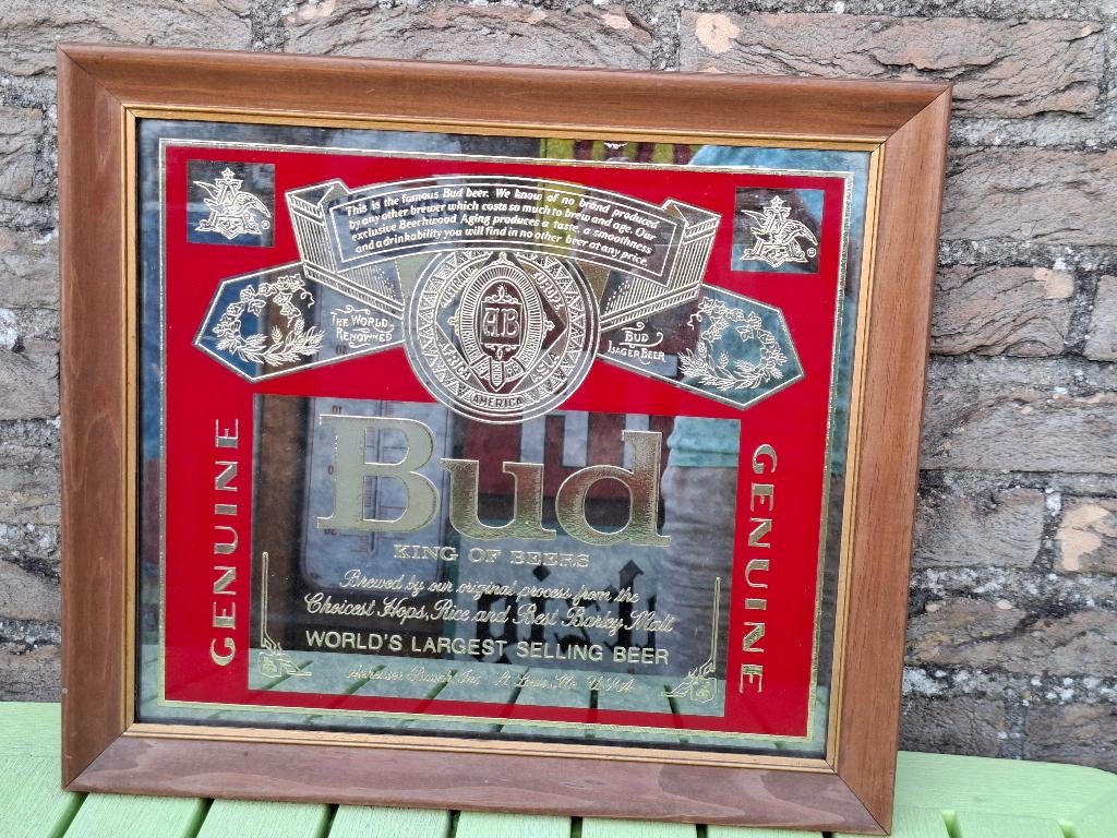 Authentieke reclamespiegel Bud King of Beers, Ophalen of Verzenden, Nieuw, Reclamebord, Plaat of Schild, Overige merken