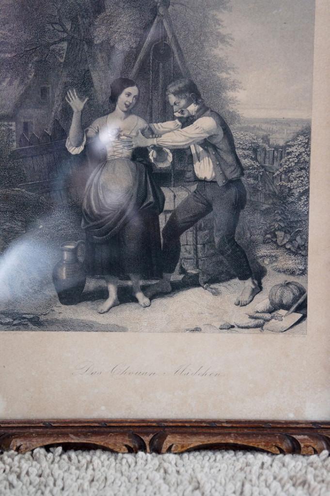 Duitse gravure, romantisch tafereel. in lijst, Ophalen of Verzenden