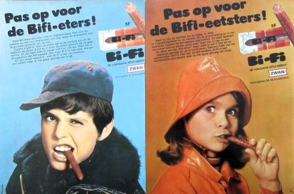 7 vintage advertenties reclames Bi-fi 70-71 Bifi Zwan salami, Verzamelen, Ophalen of Verzenden, Gebruikt, Overige typen