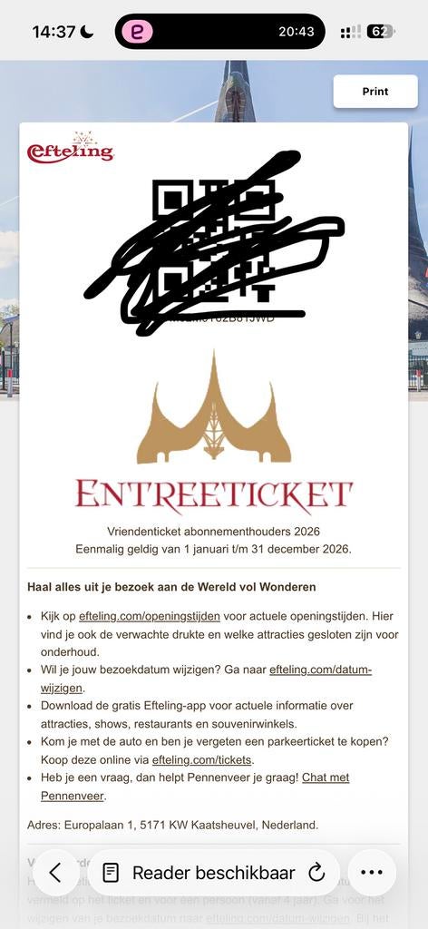 Efteling tickets 2x heel 2026 geldig, Twee personen, Ticket of Toegangskaart