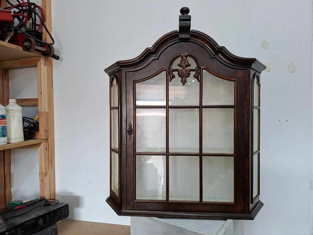 antiek vintage mahony houten wand vitrine kastje, Ophalen of Verzenden