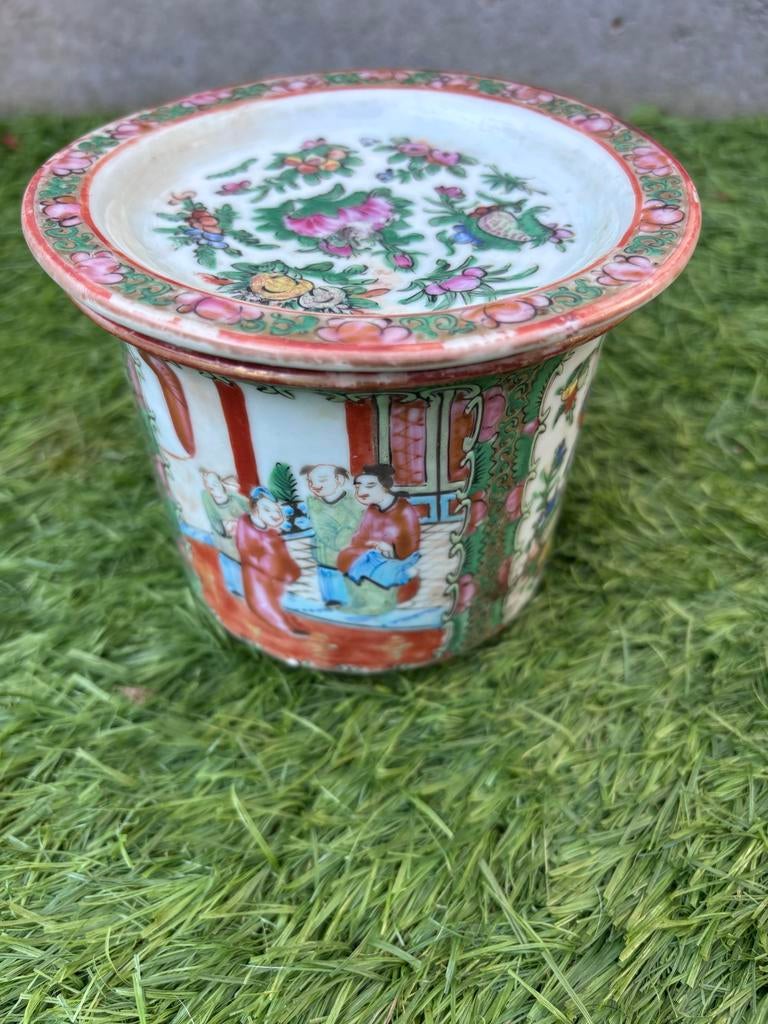 Antieke Chinese bloempot met schotel, handgeschilderd, Antiek en Kunst, Ophalen