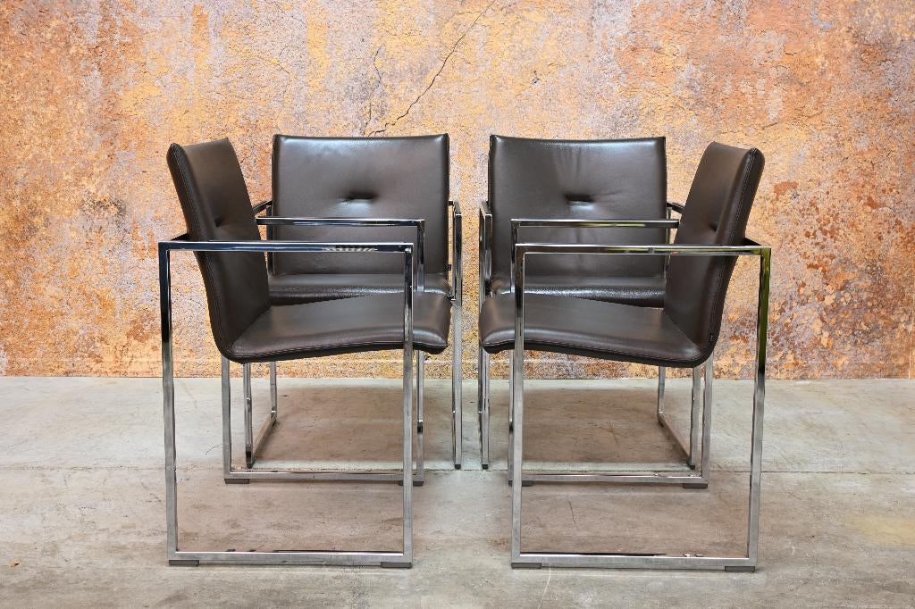 ZGANieuw 4 bruine leren Arco Frame design stoelen, Huis en Inrichting, Arco, Bruin, Ophalen of Verzenden, Zo goed als nieuw