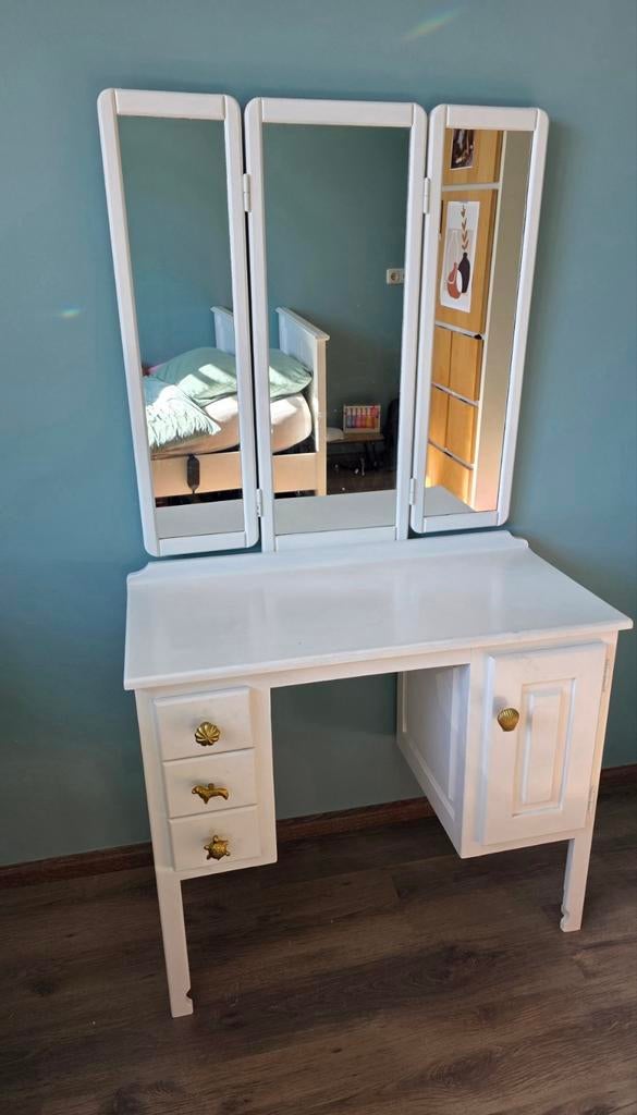 Handgemaakte kaptafel met 3-luik spiegel, wit/goud, Ophalen, Gebruikt, 50 tot 100 cm, Klassiek, Romantisch