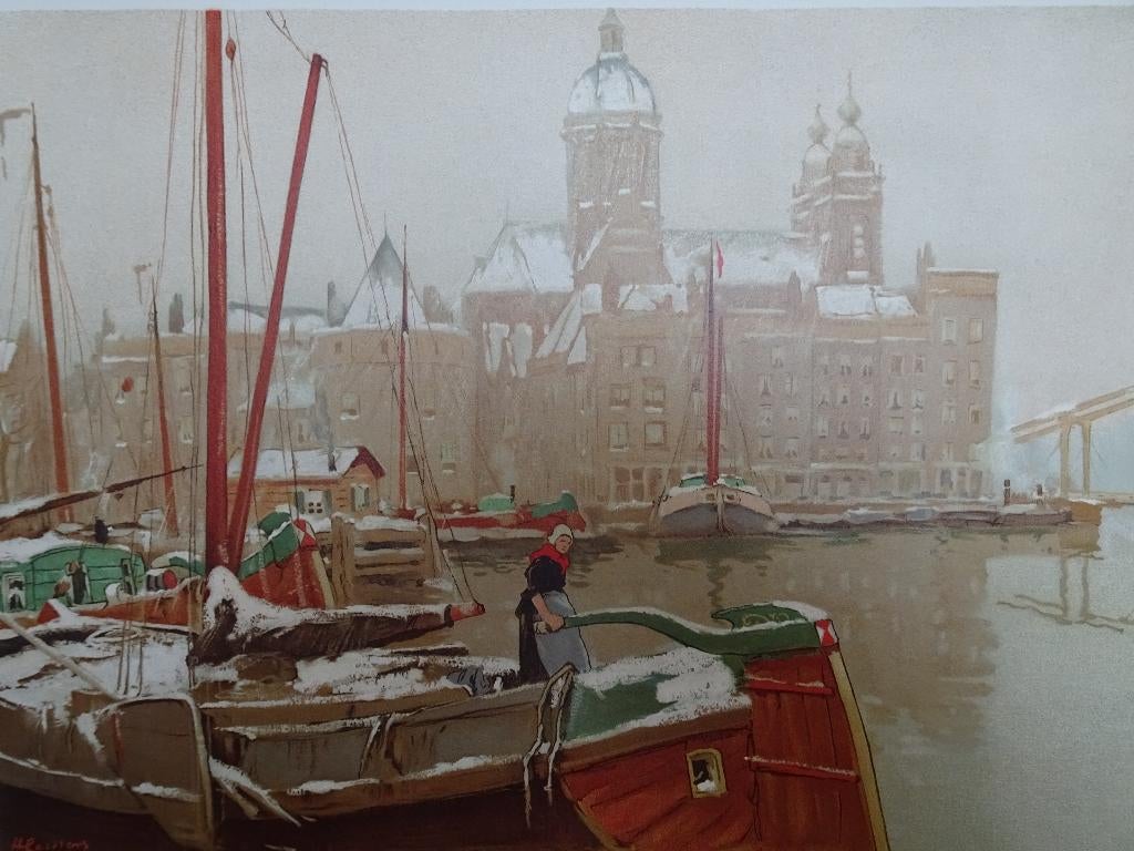 Litho zicht op Amsterdamse gracht in sneeuw H. Cassiers 1900, Antiek en Kunst, Verzenden