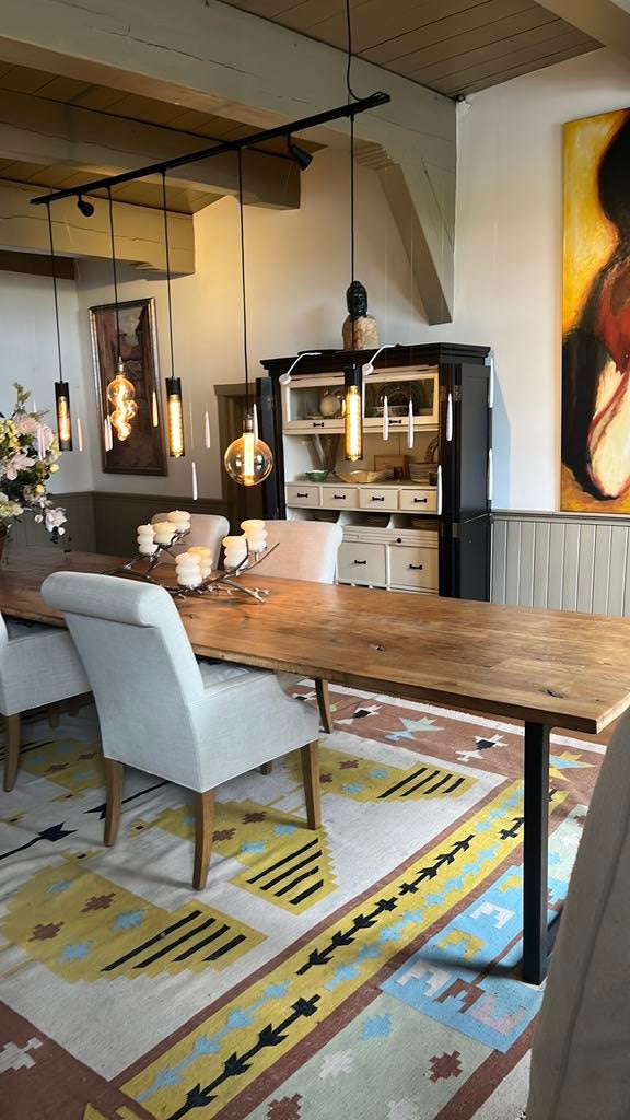 Grote eettafel, 4000 x 1100, eikenhout met metalen onderstel, 100 tot 150 cm, Eikenhout, 200 cm of meer, Ophalen of Verzenden