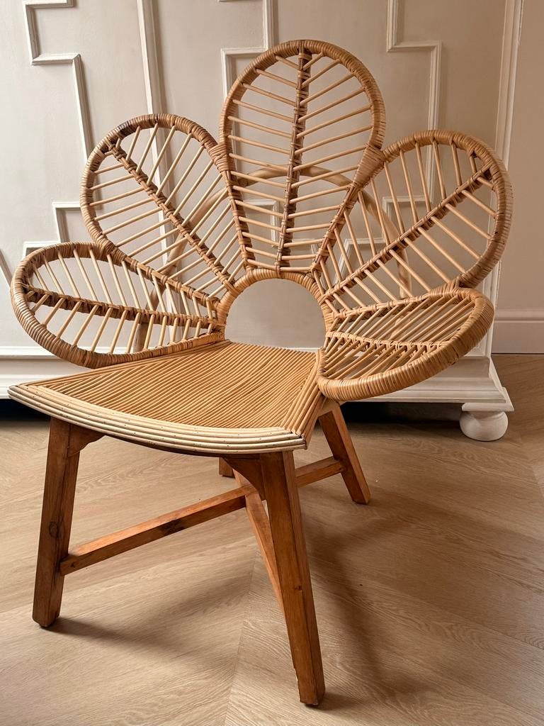 Bamboe en teakhouten Pauwenstoel, Ophalen, Bruin, Riet of Rotan, Zo goed als nieuw