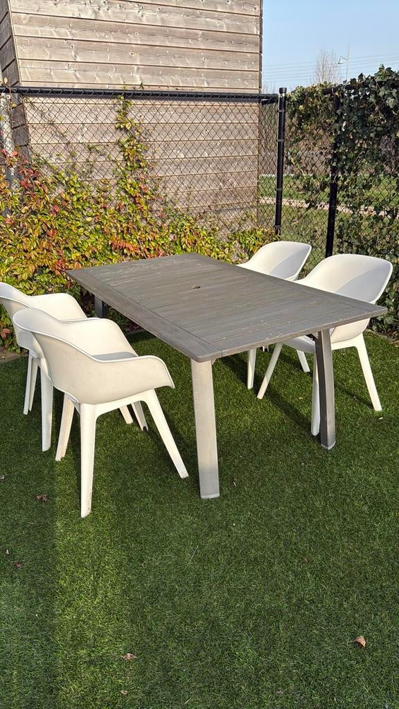 Tuinset met 4 witte stoelen Tafel 90cm bij 1.65, Ophalen, 4 zitplaatsen, Gebruikt, Eettafel