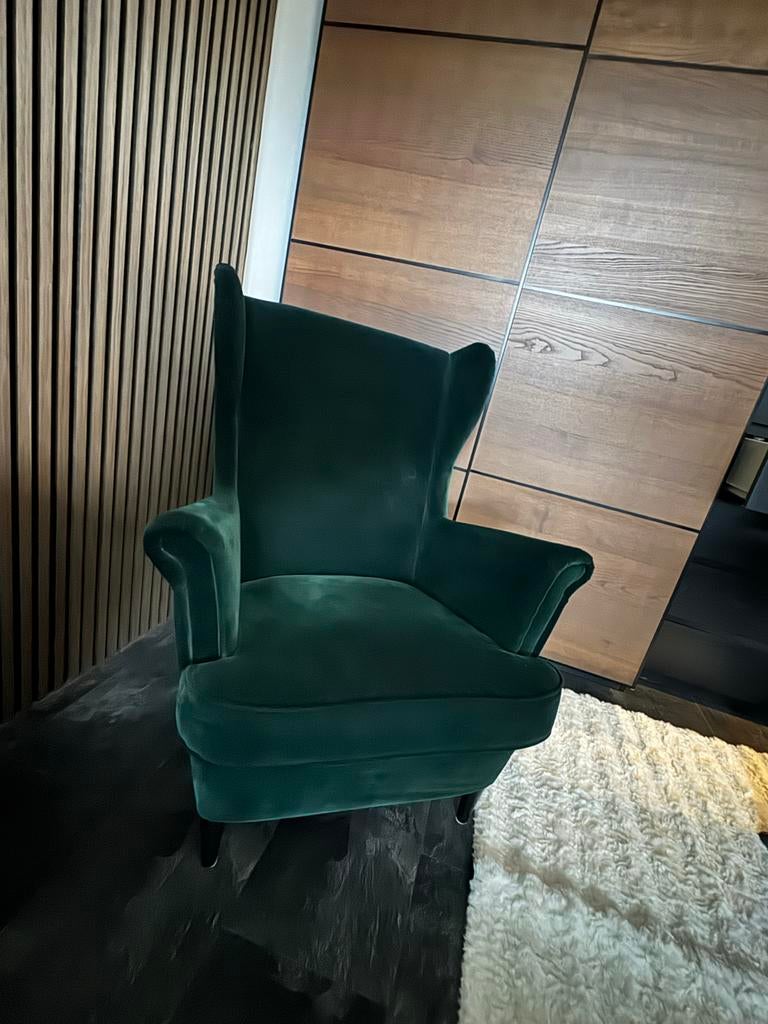 Ikea Strandmon fauteuil donkergroen velvet stof, Ophalen, Zo goed als nieuw, Stof, 75 tot 100 cm