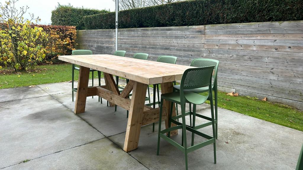 Hangtafel statafel bartafel tuintafel van balken sloophout., Ophalen of Verzenden, Nieuw, 250 cm of meer, Balken