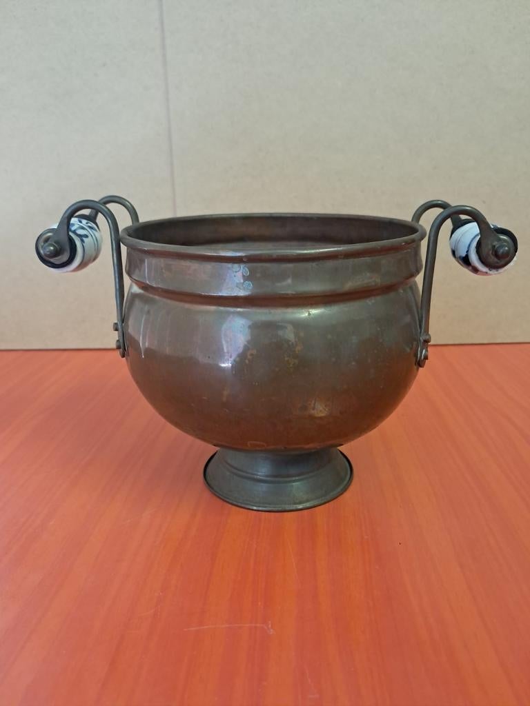 Koperen ketel met Delfts blauwe handvaten, Ophalen of Verzenden, Koper