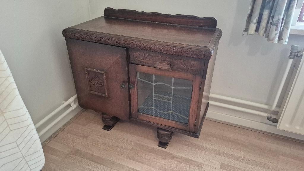 Jaren 50 theekastje met glas in lood, Antiek en Kunst, Ophalen